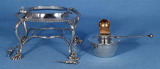 A silver kettle on stand, Height 11 ½”/290mm Width: 9”/230mm Weight 42.8oz/1213g.